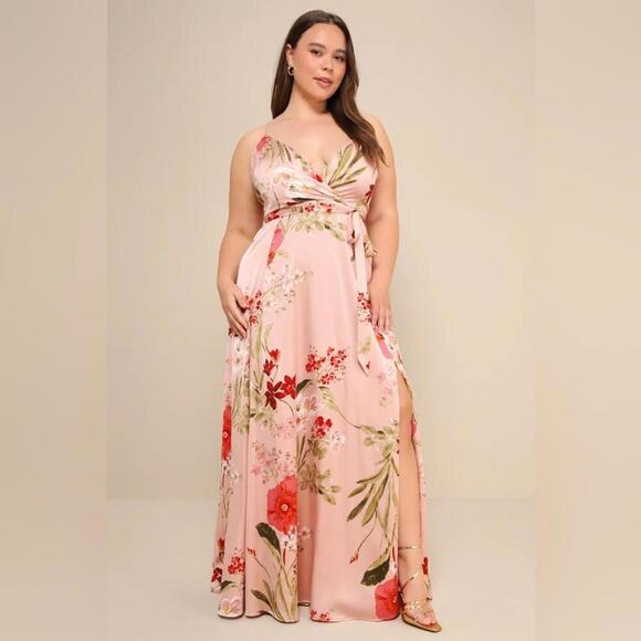NWT Lulus Still the One Blush Pink Floral Print Satin Maxi Dress Size Medium - Picture 2 of 8